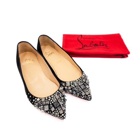 Christian Louboutin Shoes - Christian Louboutin Black Suede Studded Spike Crystal Pointed Toe Flats EU 37